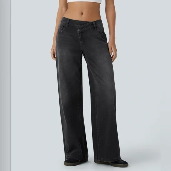 Asymmetric low rise Wide Leg Charcoal Black Women's Jeans - Picture 1 of 5